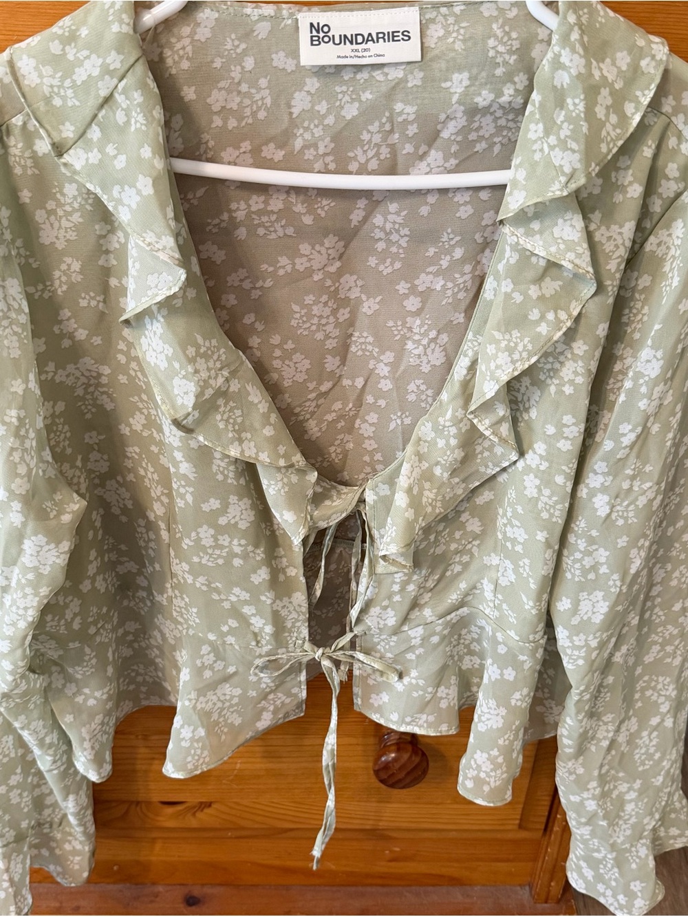 No Boundaries Light Sage Floral Ruffle Tie-Front Blouse